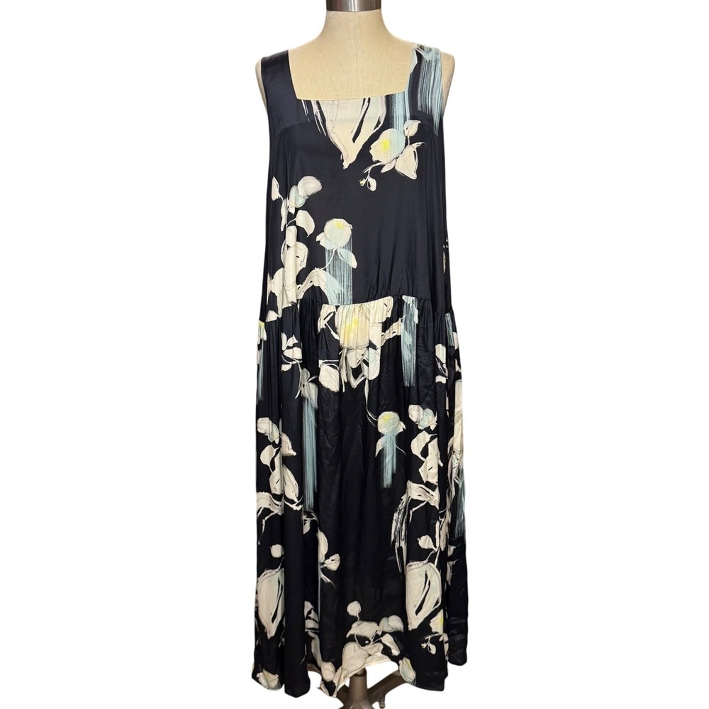 Psophía L Black Floral Silk Oversized Boxy Swing Dress Designer Wedding Guest